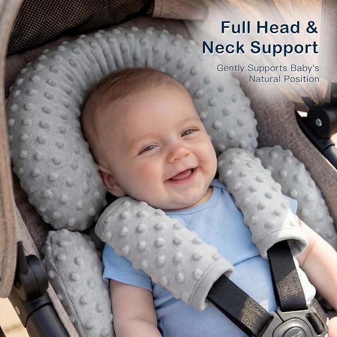 Pro Goleem Infant Car Seat Head Neck Body Support, Ultra-Soft Minky and Microfiber Newborn Car Seat Strap Pads, Perfect for CarSeat, Stroller, 2-in-1 Reversible, for Boys and Girls, Gray
