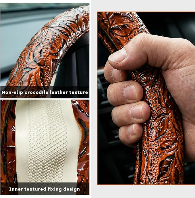 Leather Car Steering Wheel Cover, 15 Inch Anti-Slip Crocodile Pattern Steering Wheel Wrap with Rose Grain, Comfortable Grip Wheels Protector for Cars SUVs Trucks, Car Accessories (Brown)