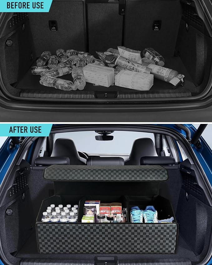 Fyzeoty Car Trunk Organizer for SUV and Sedan, Blue-Gray, 29.5 inches | Unique Blue‑Gray Plaid, Extra Large, Leather Storage Box, Magnetic Lid, Collapsible & Adjustable, Water‑Resist & Dust‑Proof