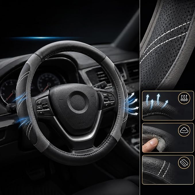 Elantrip Leather Large Steering Wheel Cover 14 1/2 inch to 15 inch Universal, Soft Grip Breathable for Car Truck SUV Jeep Anti Slip Gray