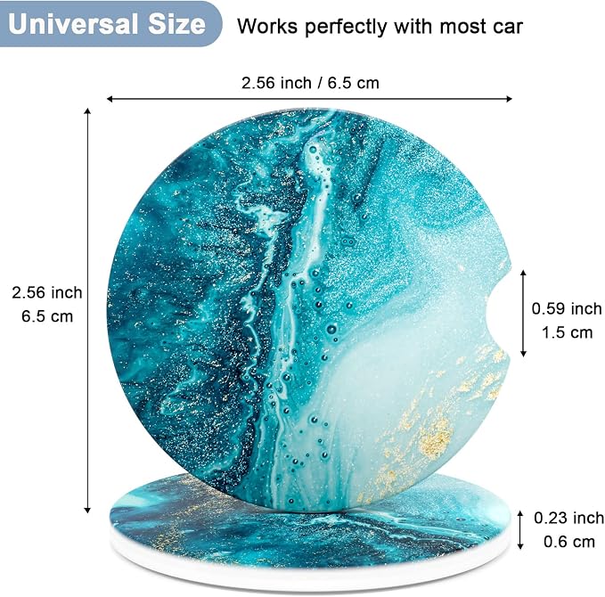 Nipichsha Car Coasters for Cup Holders, 2 Pack Absorbent Ceramic Car Cup Holder Coaster for Drinks, Cute Auto Assecories for Women Men, Size 2.56 in with Finger Notch & Cork Base, Blue Marble