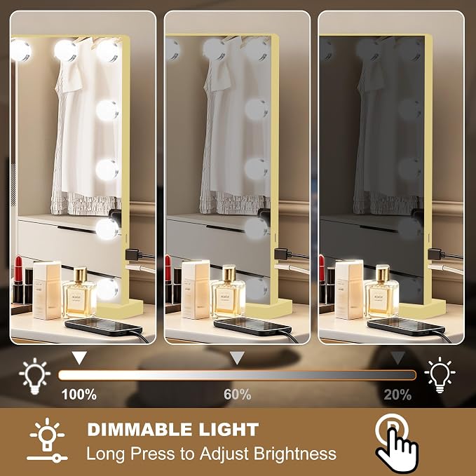 Ratsamee Gold Hollywood Vanity Mirror with Lights, 17 Dimmable Bulbs, 3 Color Lights,Make Up Lighted Mirror, Aluminum Metal Frame, USB Charging Port（26" x 20"）