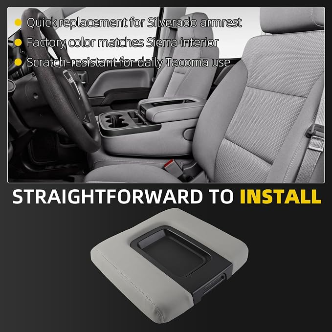 Dasbecan Center Console Lid Compatible with 2014-2018 Chevy Chevrolet Silverado/GMC Sierra 1500 2500HD 3500HD Front Center Console Armrest Lid with Liner Mat Replace# 22881398(Gray)