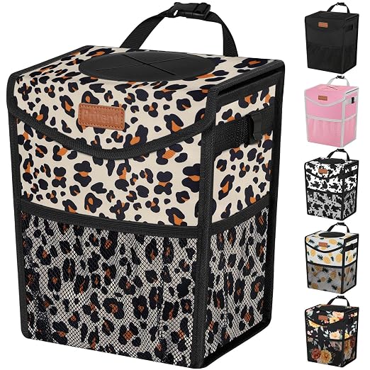 Pritent Car Trash Can with Lid, Cute Leakproof Car Trash Garbage Bag Hanging Vehicle Trash Bin Small Portable Automotive Garbage Cans Organizer for Back/Front Seat(Trapezoid,Leopard