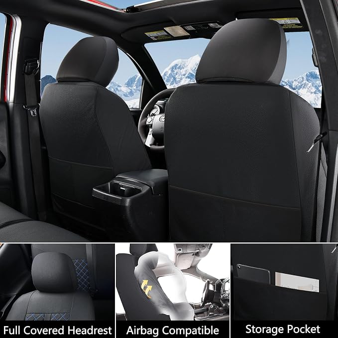 Truckiipa Custom for 4th Gen Tacoma Seat Covers Full Set, Waterproof Leather Seat Cushion Covers Fit for 4th Gen 2024 2025 2026 Toyota Tacoma Double Crew Cab, Full Set, Black&Blue
