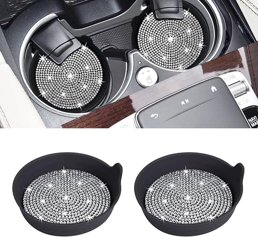 Amooca Car Cup Coaster Universal Non-Slip Cup Holders Bling Crystal Rhinestone Car Interior Accessories 2 Pack Black Whole Rhinestone
