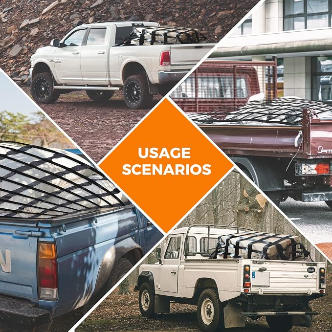 Cargo Net 50" x 66" Truck Bed Heavy Duty with S-Hooks | Adjustable bungee netting, 2" wide mesh, Trailer SUV trailer compatible, small trunk organizer, automotive carrier system