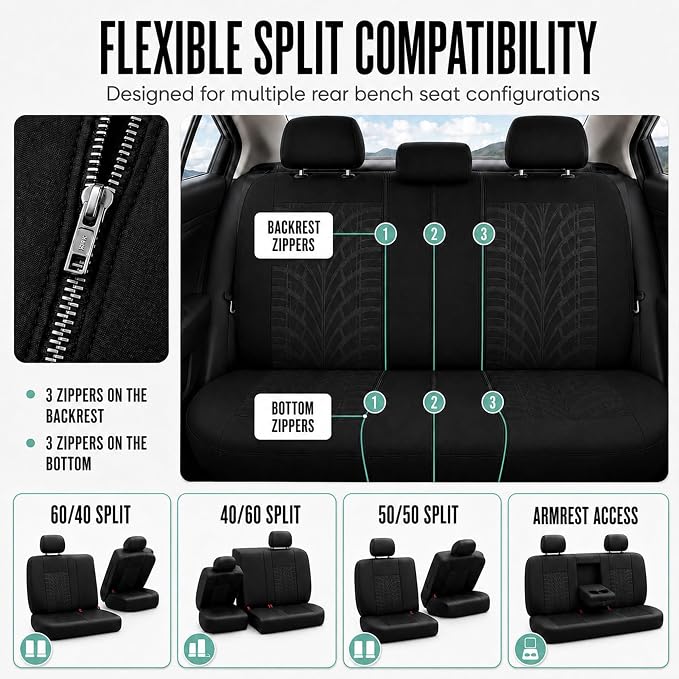 FH Group Rear Set Travel Master Car Seat Covers - Universal Fit, Split Bench Rear Seat, Washable, for SUV, Sedan, Black
