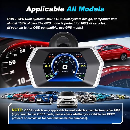 OBD2 GPS Dual System Car HUD Display - Digital Speedometer with Water Temp Voltage RPM - Universal Heads Up Display for All Vehicles