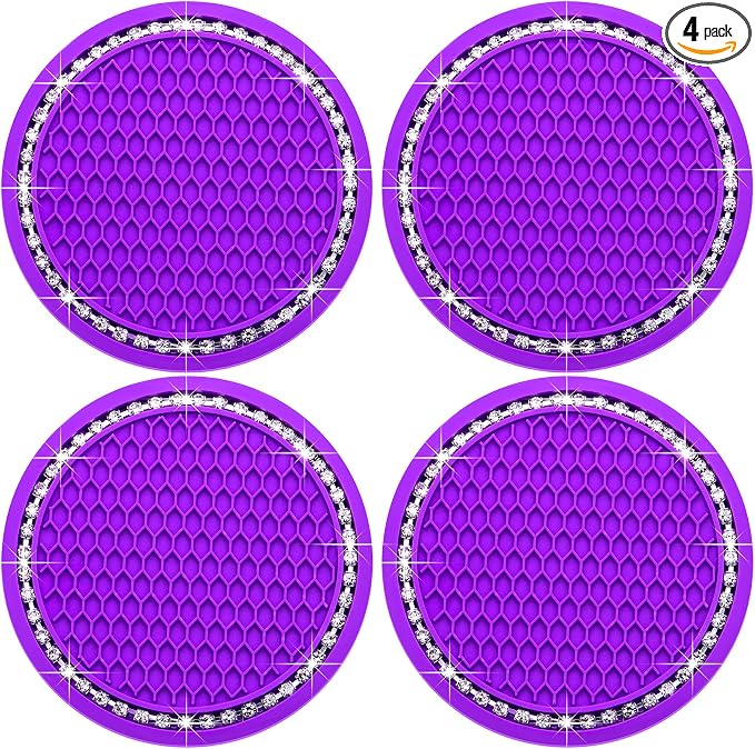 4PCS Bling Cup Holder Coaster, 2.75 Inch Auto Car Cup Holder Insert Coasters, Soft Silicone Anti-Slip Shockproof, Universal Vehicle Interior Accessories for Women Girls (Purple & White)