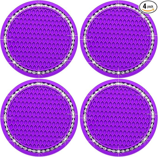 4PCS Bling Cup Holder Coaster, 2.75 Inch Auto Car Cup Holder Insert Coasters, Soft Silicone Anti-Slip Shockproof, Universal Vehicle Interior Accessories for Women Girls (Purple & White)