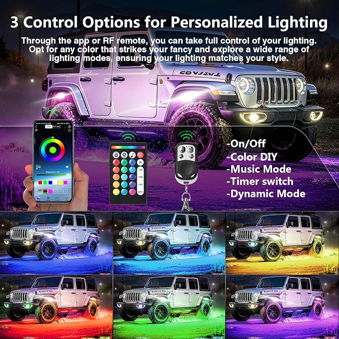 6 Pods RGB LED Rock Lights with Dual Zone Brake, Waterproof Multicolor Underglow Lights Kit for ATV UTV Golf Cart Trucks RZR SXS, Neon Underbody Light with App Remote Control Flashing Music Sync 12V