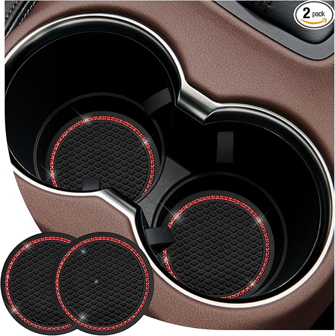 2PCS Bling Car Cup Coaster, 2.69 Inch Anti-Slip Auto Cup Holder Drink Mat w/Crystal Rhinestones, Universal Shiny Diamond Vehicle Insert Coasters Cups Mats for Women (Black & Red)