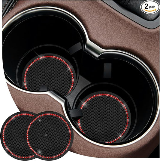 2PCS Bling Car Cup Coaster, 2.69 Inch Anti-Slip Auto Cup Holder Drink Mat w/Crystal Rhinestones, Universal Shiny Diamond Vehicle Insert Coasters Cups Mats for Women (Black & Red)