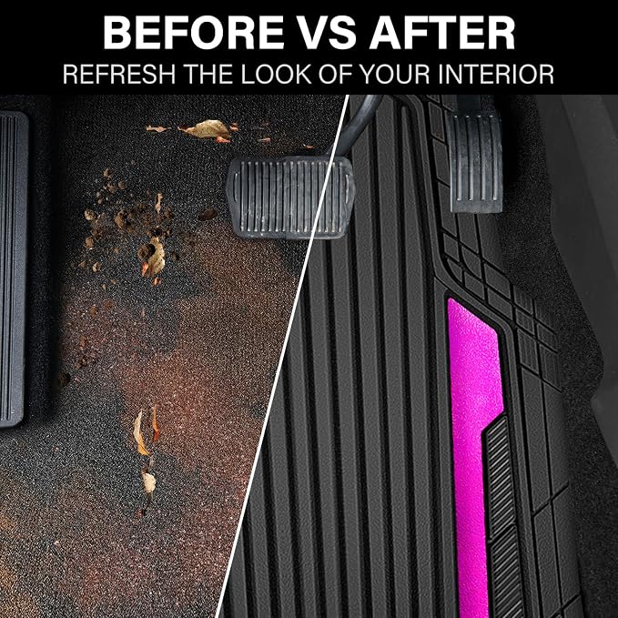CAR PASS Heavy Duty Rubber Car Mats Metallic, Aluminum Film All Weather Floor Mats Waterproof Universal Trim to Fit for SUV Sedan Van 4 Piece Anodized Deep Dish Two-Tone Sporty Black Hot Pink Chrome