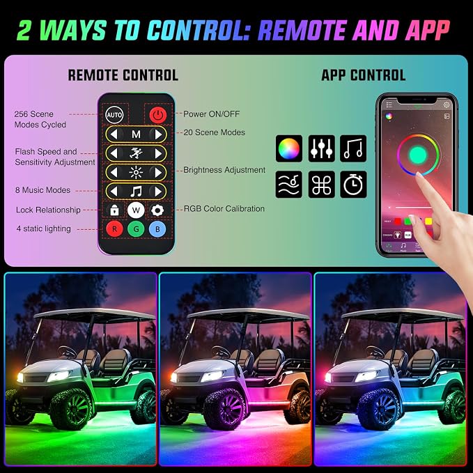 Nilight 2PCS Golf Cart Underglow LED Light Strip Dream Color Multi-Mode Neon Accent Lighting Kit APP and Remote Control Sound Active Music Sync IP67 Waterproof 12V-66V Input for EZGO Yamaha Club Car