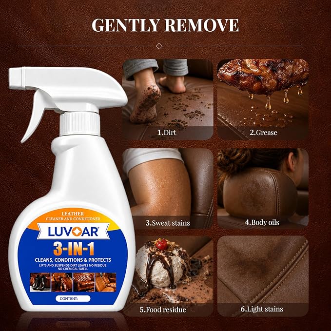 Leather Cleaner and Conditioner 3-in-1 Spray, Use on Leather Furniture, Car Seats, Shoes, Bags, Jackets and Leather Bags with Microfiber Brush & Microfiber Cloth(32 oz Spray Bottle)
