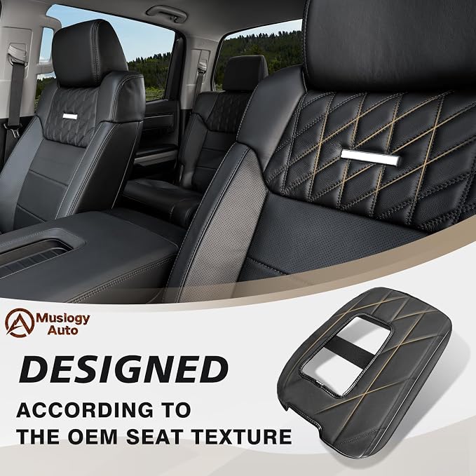 Muslogy Center Console Armrest Cover Fit for Toyota Tundra 2014-2021 Accessories, Comfort Armrest Pad Console Lid Cushion Vegan Leather Regular Thick(Bucket Seat ONLY)