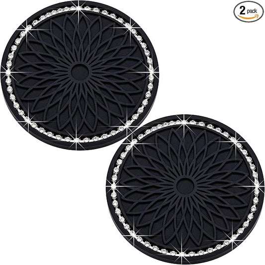 2PCS Bling Car Cup Holder Coasters, 2.75 Inch Silicone Anti-Slip Insert, Bling Shockproof Cup Mat for Women Girls, Universal Fit for Most Vehicles (Black & White)