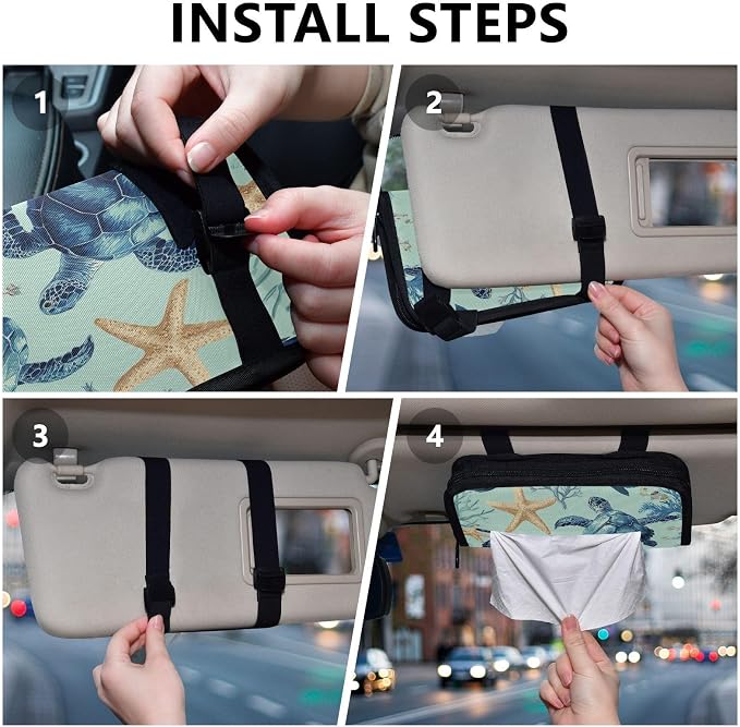 Car Visor Tissue Holder Mask Holder for Car, Car Tissue Box Sun Visor Napkin Holder Car Visor Accessories Adjustable Straps Reusable Durable Easy to Install Mint Green Sea Turtles Starfish