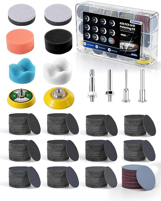 435PCS 2 Inch Wet Dry Sanding Discs Headlight Restoration Polishing Kit | Hook and Loop Sandpaper Assortment 60-5000 grit for Dremel Rotary Tool, Drill Polishing Kit Buffing Pad for Auto Wood Metal