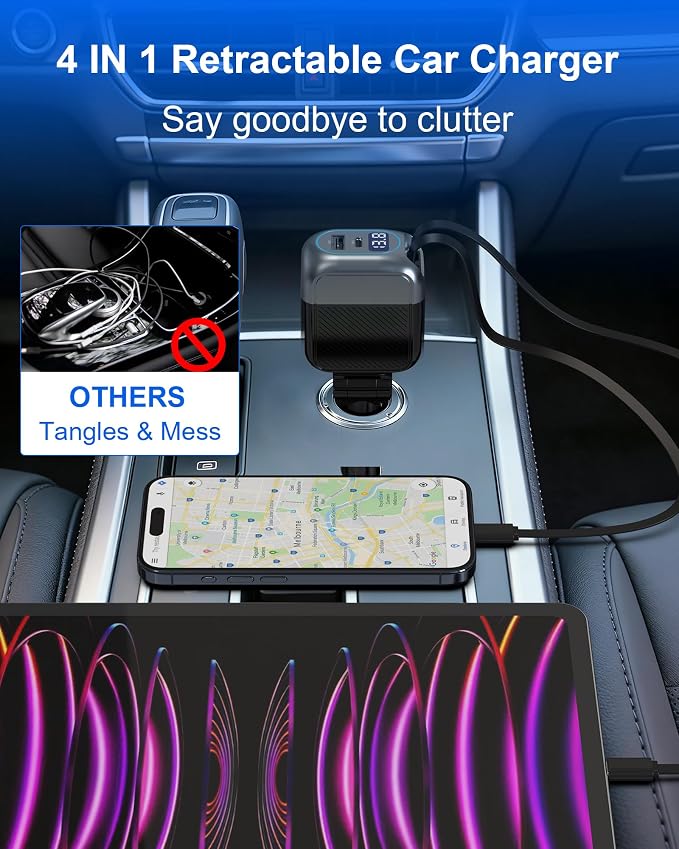 170W Dual USB C Retractable Car Charger, 4-in-1 Fast Charging Car Adapter | Super Fast Charging for MacBook Pro, iPhone 17/16/15, Samsung, iPad Pro & AirPods, Ideal Car Accessory Gift for Men and Women