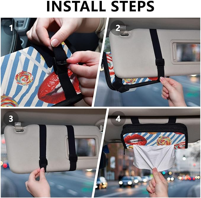 Blue Valentine Lips Lollipops Car Tissue Holder Durable Napkin Holder Hanging Tissue Holders Case Car Tissues Bag for Sun Visor Seat Back Universal Auto