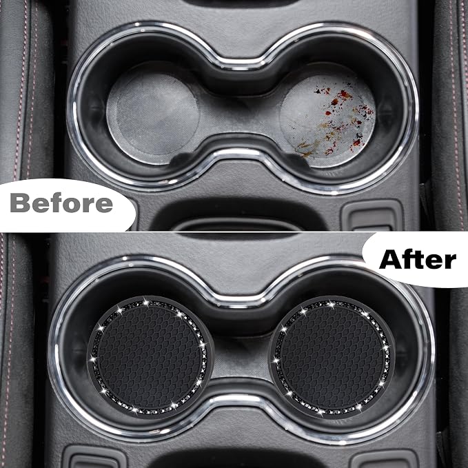 BFXM 4 PCS Bling Cup Holder Coasters for Car, 2.75 inch Diamond Universal Non-Slip Black Silicone Cup Holder Coasters, Sparkly Bling Car Accessories for Women(Black Diamond)