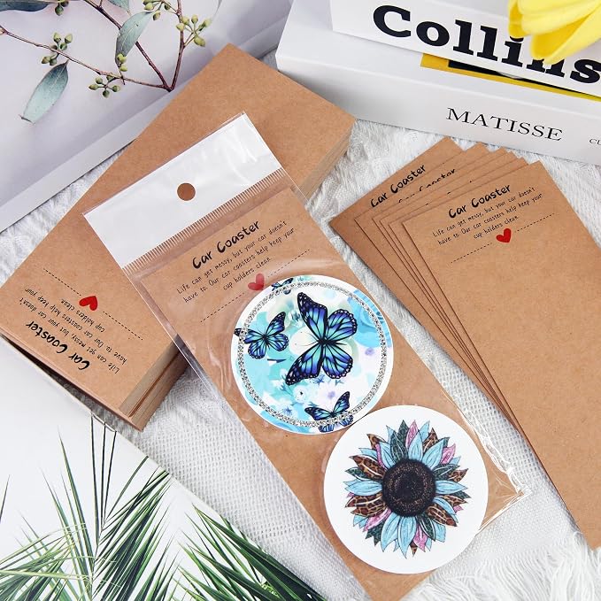 100PCS Car Coasters Packaging for Selling, Sublimation Blanks Car Coaster | Sublimation Display Card Set with Bags and Brown Cards 6.8 x 2.9 Inch,Heat Press Machines Accessories (Brown)