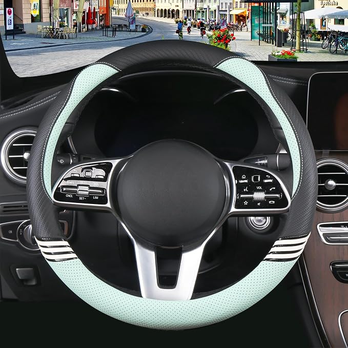 15 inch Cute Leather Steering Wheel Cover Black and Green | Breathable Non-Slip Faux Leather and Carbon Fiber Car Accessories for Women Men Universal 14.5 inch to 15 inch