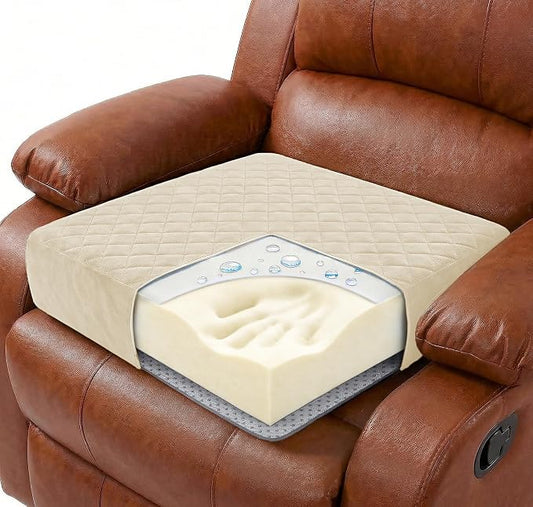 Medium-Soft 20x20x5 Memory Foam Recliner Chair Seat Cushion for Long Sitting - Armchair Pad with Washable Velvety Cover with Waterproof Layer & Non-Slip Base for Seniors & Elderly - Cream