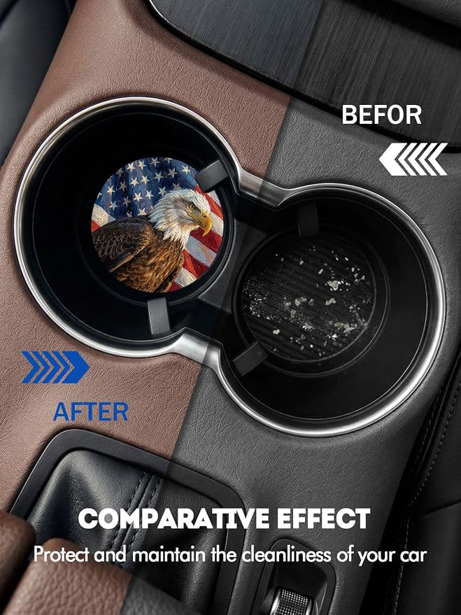 WOCOCN Car Coasters for Cup Holders - 2 Pack 2.75" Universal Rubber Car Cup Coaster, Non-Slip Waterproof Car Interior Accessories, Cute Car Decor Gifts for Women and Men (Eagle)