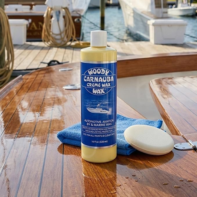 Woody Wax Carnauba Creme Wax, High-Gloss for Marine, RV & Aviation | UV Protection for Paint & Clear Coat, Detergent Resistant Polymers, Covers Light Scratches and Removes Oxidation, 16 oz