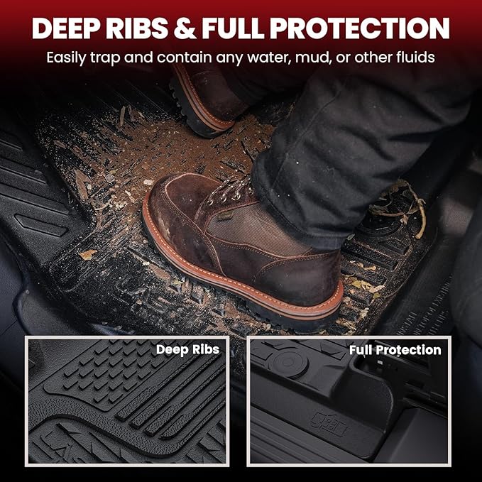LASFIT Floor Mats for Ram 1500 Crew Cab 2019-2024 Bench Seat (NOT for Bucket/Classic Model/Quad Cab) with Rear Under-Seat Storage 4 Full Size Doors, All Weather TPE Custom Fit 1st & 2nd Row, Black