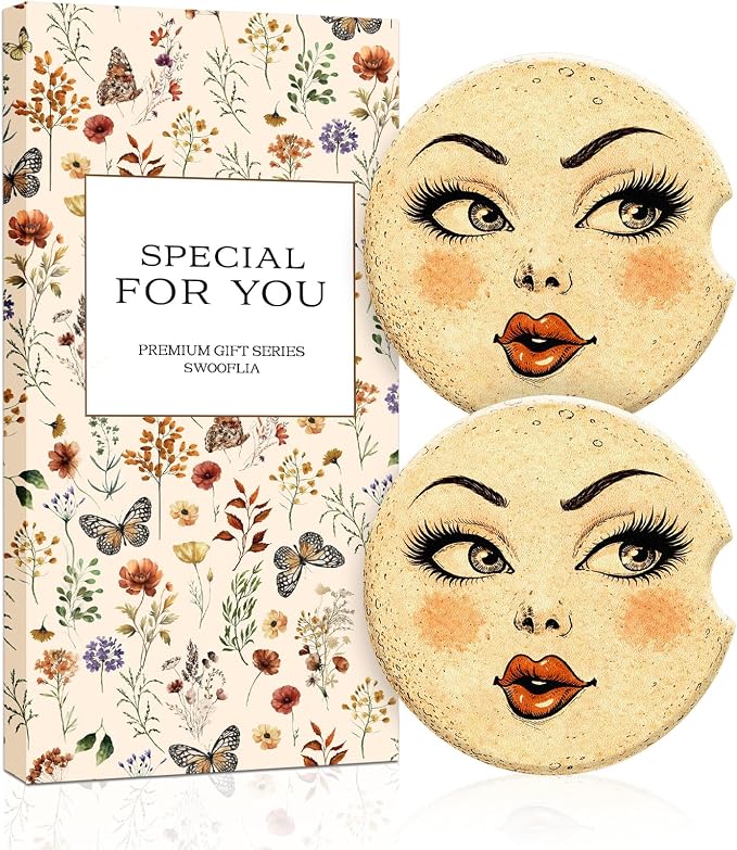 Swooflia 2 Pack Absorbent Ceramic Car Coasters for Women - 2.55 Inch Moon Beauty Car Cup Holder Coasters with Cork Base, Funny Car Accessories, New Driver Gifts