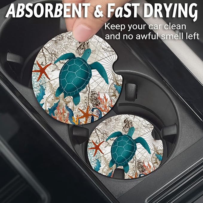 Yonlevres Car Coasters for Cup Holders，2.75" Universal Size Anti Slip Rubber Mat with A Finger Notch, 2 Pack Cup Holder Coasters for Car Interior Accessories for Women Men Sea Turtle