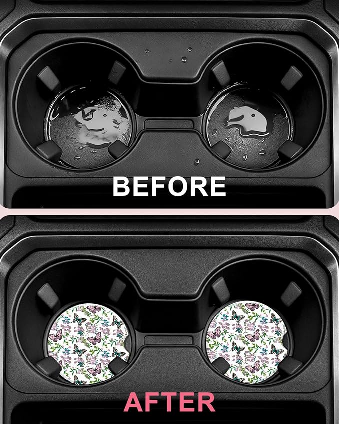 Swooflia Floral Absorbent Ceramic Car Coasters Set of 2, Cute Botanical Wildflower Cup Holder Coasters for Car, Purple Butterfly Flower Car Accessories for Women, Unique Gifts for Mom, Friends