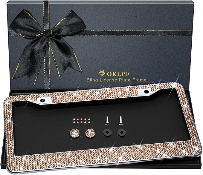 Bling License Plate Frame for Women, Sparkly Stainless Steel License Plate Frames| Over 1200 pcs 14 Facets Bedazzled Clear Glass Diamond Rhinestone Crystals w/Free Glitter Diamond 1PCS BOX (Champagne)