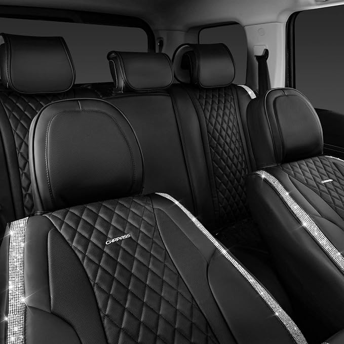 CAR PASS Bling Leather Car Seat Covers & Black Nappa Leather Calfskin Seat Cushioned Protector, Waterproof Anti-Slip Universal Fit SUV Truck Sedan, Glitter Sparkly Shining Rhinestone, Silver Diamond