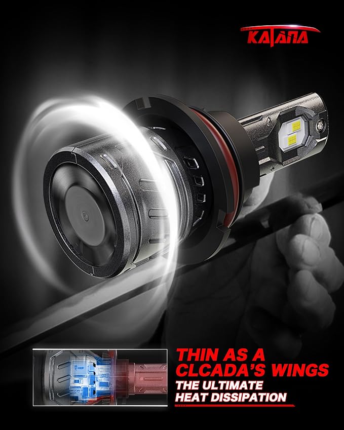 Katana 9007 Bulb,HB5 400% Brightness 6500K 1:1 Size Plug and Play Fog of 2 | Cooling Fan,High/Low Beam,360°Beam Angle