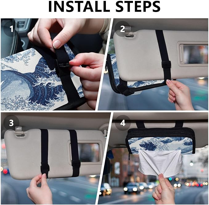 Car Tissue Holder Car Napkin Holder Tissue Box Dispenser Storage Case Sun Visor Mask Holder Accessories with Adjustable Straps Reusable Refillable Deep Blue Wave Pattern Snow Mountain