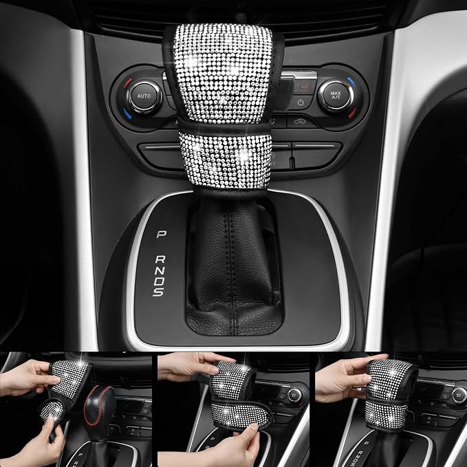 CAR PASS Leather Bling Seat Covers Full Sets 16 pcs, Bling Diamond Car Accessories Set for Women, Sparkly Rhinestone Steering Wheel Cover, Glitter Cute Car Interior Sets for Women Girl, Silver Diamond