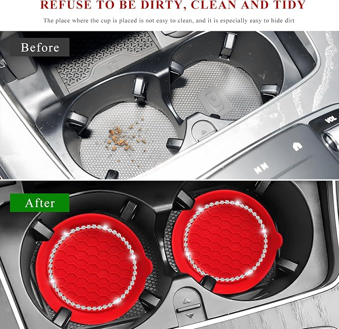 Sun Walker 4 PCS Bling Car Cup Holder Coaster, Non Slip Sparkly Rhinestone Cup Holder Pad Insert Coaster, Shockproof Silicone Shiny Embedded Drink Mat Interior Decor for Most Vehicles (Red)