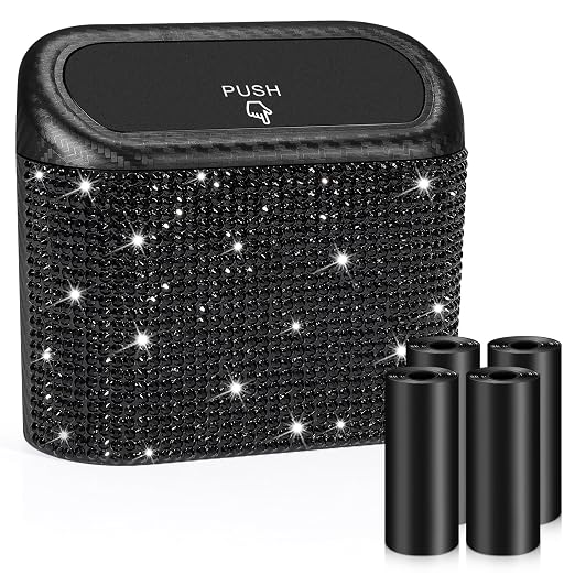 Accmor Bling Car Trash Can with Lid, Mini Vehicle Trash Bin, Car Dustbin Garbage Organizer with 60 Trash Bag, Leakproof Auto Storage Bag Container for Car, Home, Office (Carbon Fiber&Black Rhinestone)