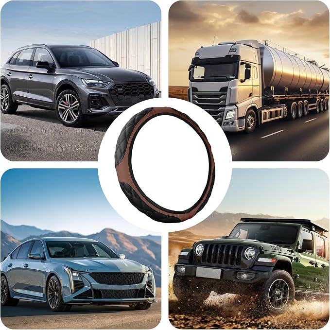15 Inch Car Leather Steering Wheel Cover, Automotive Accessories Elastic Breathable Anti-Slip Soft Wheel Protector Fits Men and Women, Suitable for SUVs, Trucks, Vehicles and RVs (Brown)
