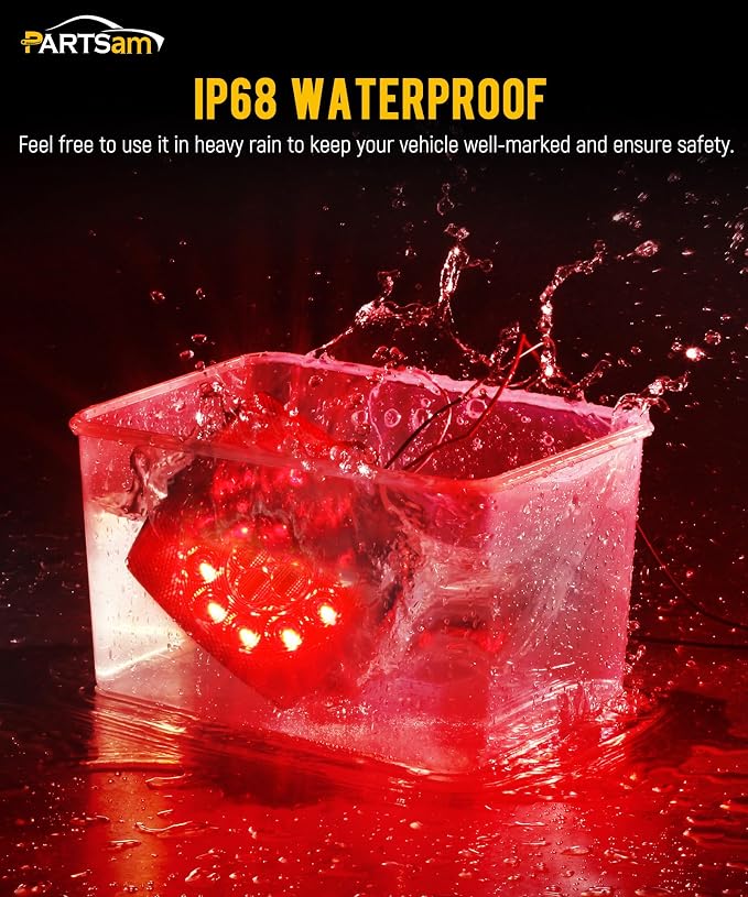 Partsam 12V Submersible Square Led Trailer Lights, Red White LED Stop Turn Tail Reverse Backup License Side Marker Running Light Lamp for Trailers Under 80", Truck, IP68, Red Clear Lens