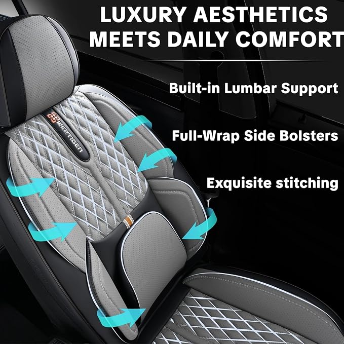 Universal Car Seat Cover for Cars, Black and Gray, with Lumbar Support, | Car Seat Cover Full Set,Premium Artificial Leather, Waterproof and Easy to Clean, Airbag Compatible