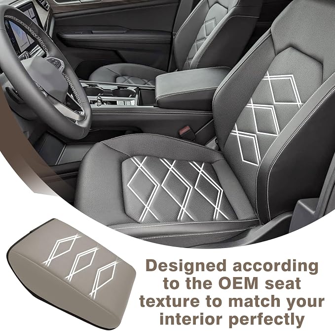 Muslogy Center Console Armrest Cover Fit for Volkswagen Atlas & Cross Sport 2024-2026 Accessories, Comfort Armrest Pad Console Lid Cushion Vegan Leather Regular Thick (V1_Light Gray)