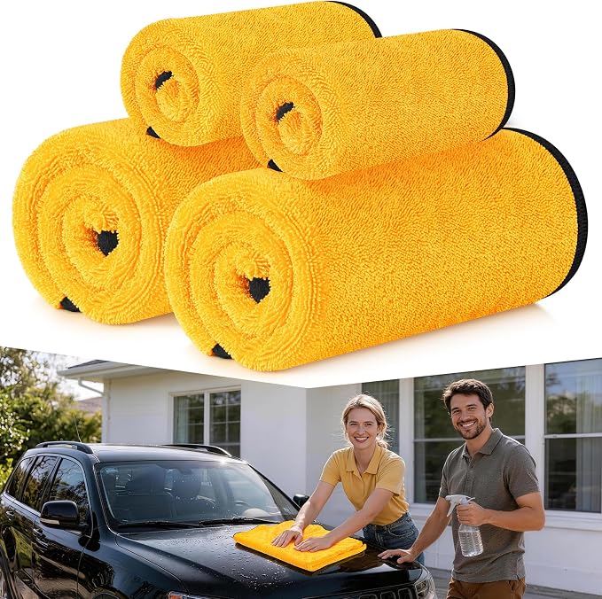 Bolant 4 Pack Twisted Loop Car Drying Towel, 36x24 in Car Towels Cleaning Supplies, Reusable Shammy Quick Dry Cloth for Carwash, for Auto, Boat, Kitchen, Windows & Bathroom（Yellow）