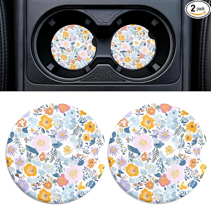 Car Cup Holder Ceramic Coasters 2 Pack, 2.56 in Anti Slip Absorbent Coaster with Cork Base and Finger Notch, Funny Cute Car Accessories Interior for Women, Garden